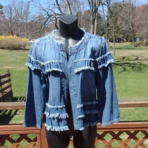 Kensie Denim Tiered Rough Hem Fringed Jacket Size Medium
